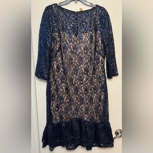 Marina Navy Blue Sequin Lace Cocktail Dress - Size 16
